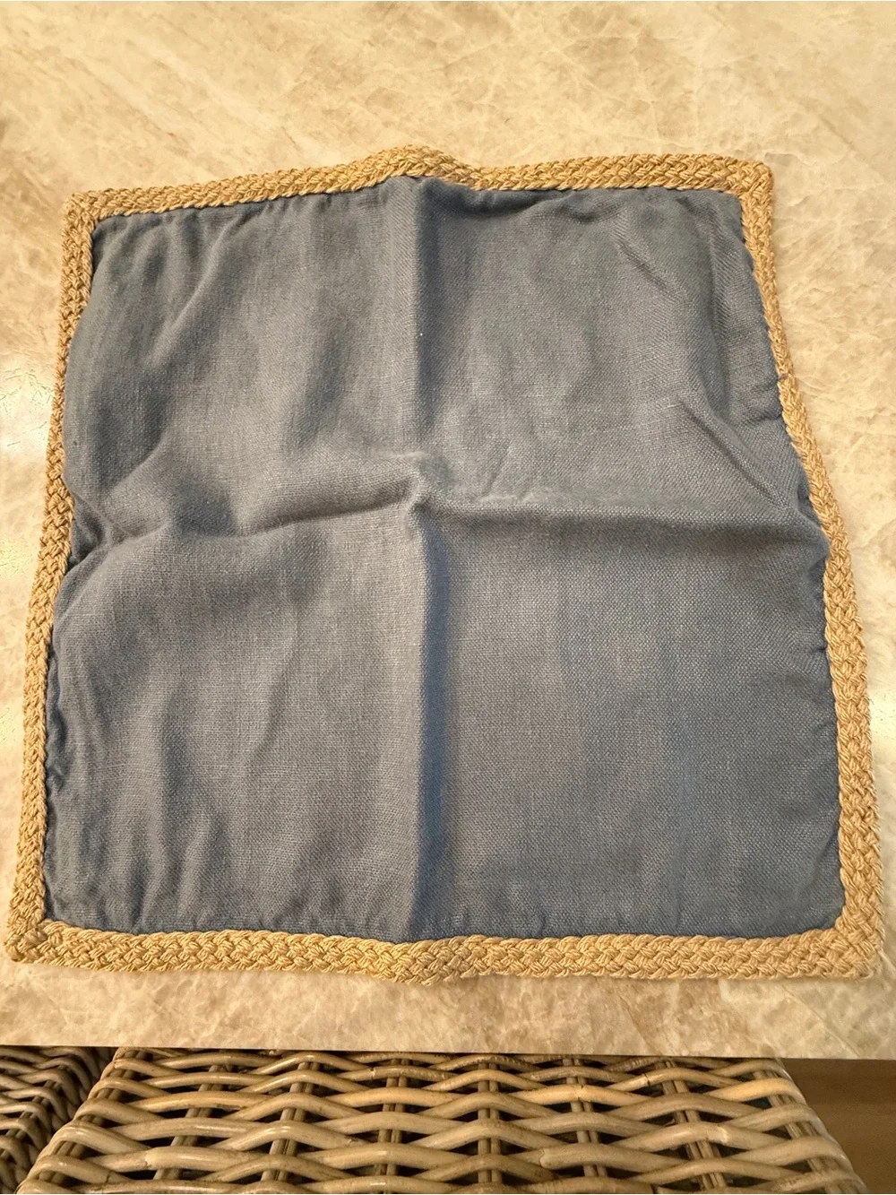 3 Pottery Barn 22x22 Blue Linen Pillow Covers with Burlap and braided Trim